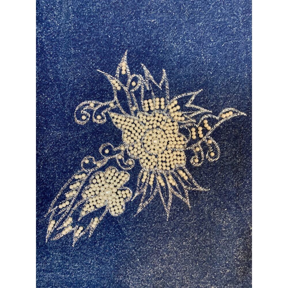 80s High Waist Acid Wash Denim Skirt with Pearl Appliqué - Picture 8 of 9